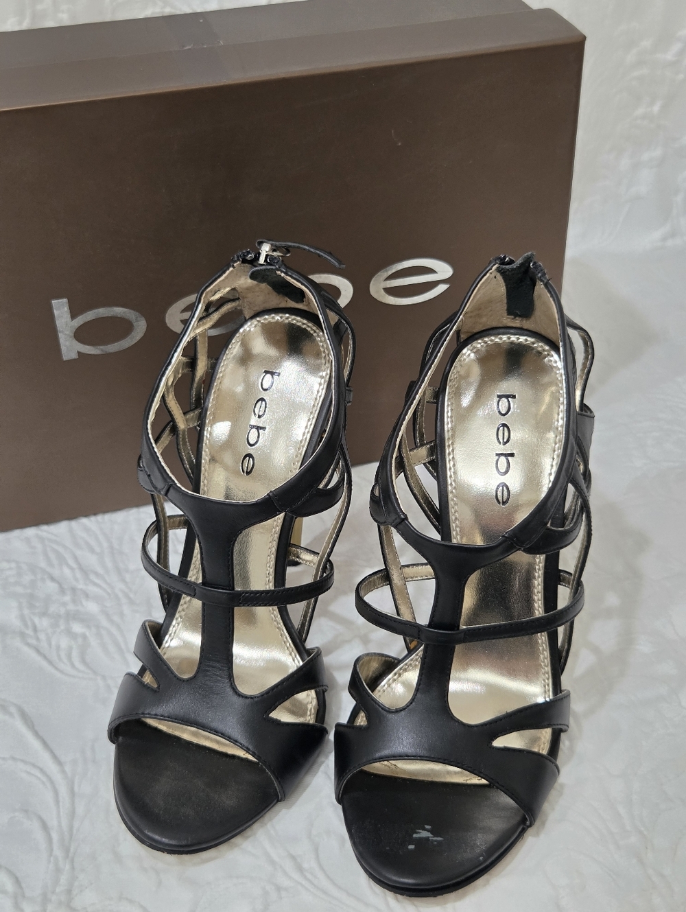 Bebe Gold Cone Heel Strappy Cage Sandals β Glam Luxe Baddie Y2K 8M